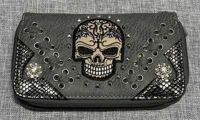 Cartera Calavera Para Mujer Gris 2 Cremalleras con Bling y Tachuelas Motociclista Punk Elegante 8x5" Foto 1 de 4