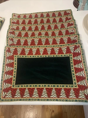 Set of 6 Green Velvet Christmas Tree Brocade Placemats Holiday 19x13" No - Image 1 of 4