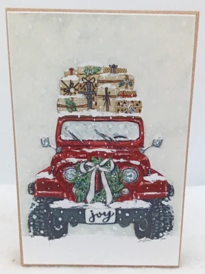 Letrero de bloque de camión rojo de Navidad madera Jeep regalo corona de nieve arco alegre país NUEVO Foto 1 de 4