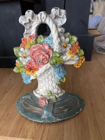 Antique Cast Iron Flower Basket With Bow  Doorstop Cover