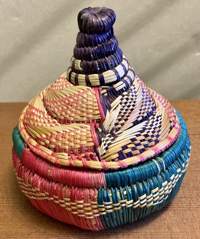 Coiled Ethiopian Basket  Lidded Double Woven Dyed Vintage Cover