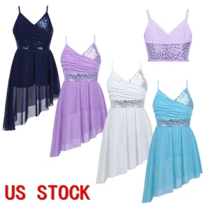 Kids Girls Lyrical Ballet Dress Irregular High-Low Hem Dance Dress Costumes - Picture 1 of 31