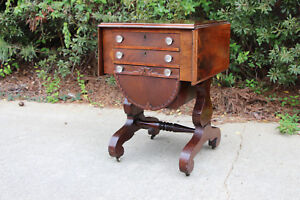 Empire Ca.1840 Flame Mahogany Three Drawer Drop Leaf Pot Belly Sewing Table