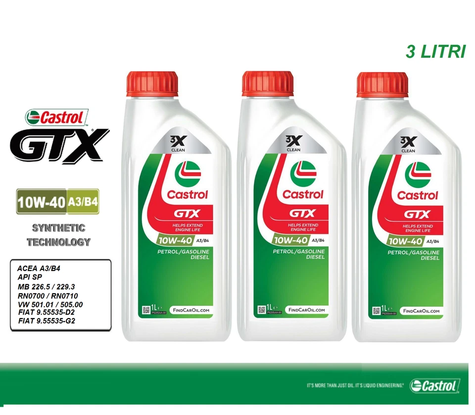 OLIO MOTORE ORIGINALE CASTROL GTX 10W40 BENZINA E DIESEL A3/B4 LT. 3 LITRI SYNTH - Immagine 1 di 4