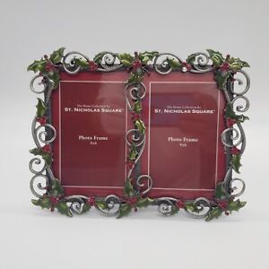 St Nicholas Square Photo Frame Double 4x6 Silver With Holly Berries Read Desc.