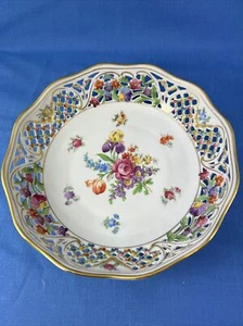 SCHUMANN DRESDEN RETICULATED BOWL Germany Floral Design 9” Gold Trim - Picture 1 of 17