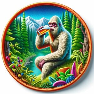 Bigfoot Drinking Beer Patch Iron-on Clothing Applique, Wild Animal, Nature Badge