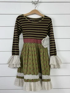 Girls MUSTARD PIE Sz 6 Dress Green Purple Floral Stripe Eyelet Lace - Picture 1 of 10