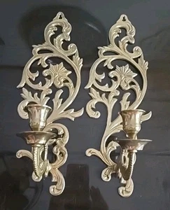 Pair Vintage Solid Brass Sconces Candleholders Scrolls Hollywood Regency Ornate - Picture 1 of 18