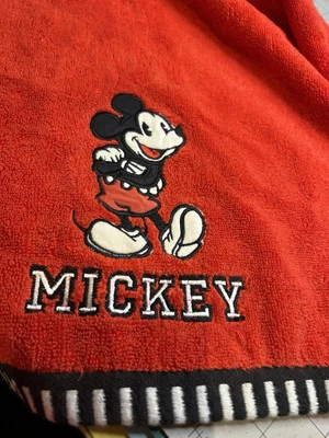 Mickey Mouse Bath Towels Red Black Stripe Embroidered 100% Cotton Set 2 L5 - Image 1 of 4