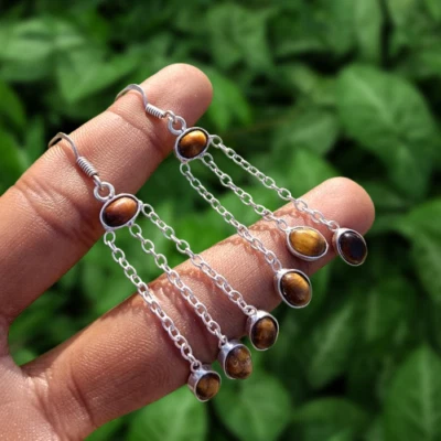 Gorgeous Tiger's Eye Gemstone Dangle Drop Earring 925 Silver Plated Gift Jewelry - Image 1 of 4