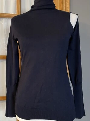 Y2K Neiman Marcus Silk Top Womens S Turtleneck Cut Out Navy Classic Designer - Image 1 of 4