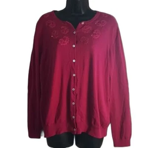 Lands' End Cardigan Size XL Barbiecore Pink Paisley Embroidered Sequins Sweater - Picture 1 of 12