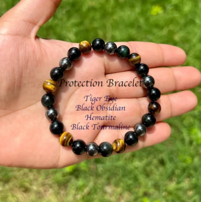 Pulsera de triple protección curativa con cuentas de hematita ojo de tigre obsidiana natural Foto 1 de 4