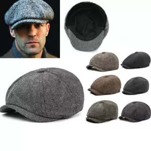 Mens Panel Hat Newsboy Cap Peaky Blinders Baker Boy Herringbone Tweed Multi - Picture 1 of 16