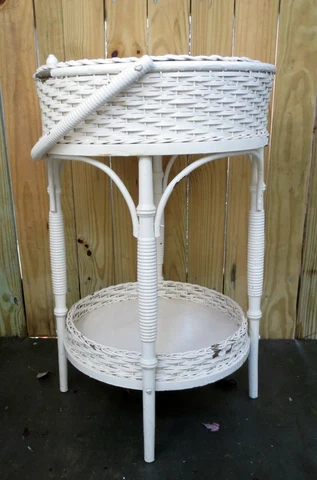 Antique Heywood Wakefield Round White Wicker Sewing Basket Work Table Stand Tag Cover