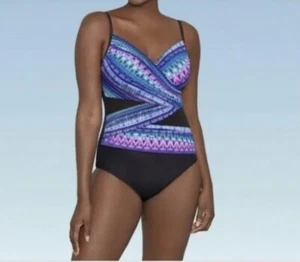Dreamsuit Womens Slimming Control One Piece Swimsuit Jewel Stripe Black 10 - Picture 1 of 8