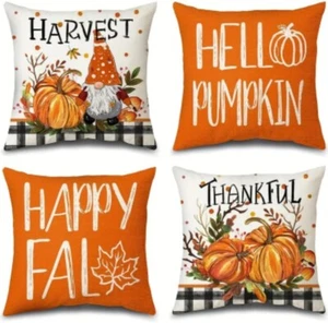 Set of 4 Fall Autumn Pillow Covers Pumpkins Gnomes Thanksgiving Holiday Decor - Picture 1 of 5