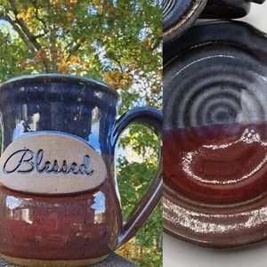 Alewine Art Pottery Mug & Matching Spoon Rest Signed Blues Burgundy - Picture 1 of 8