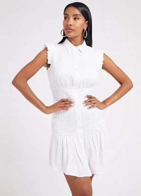 Vestido Camisa Guess Blanco Cuello Abotonado Manga Volantes Talla S Foto 1 de 4