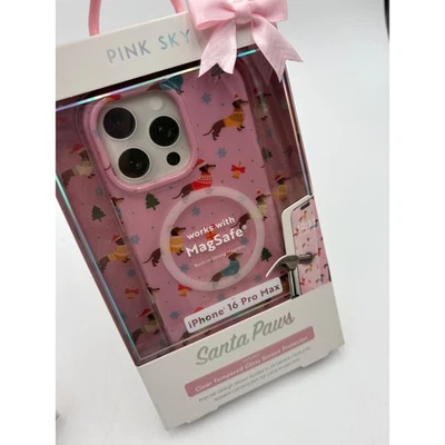 Funda protectora de pantalla Pink Sky Santa Paws iPhone 16 Pro Max Dachshund Doxie Foto 1 de 3