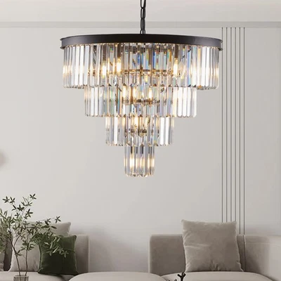24" Modern 4-Tier K9 Crystal Chandelier 12 Lights Black Ceiling Pendant Fixtures - Image 1 of 4
