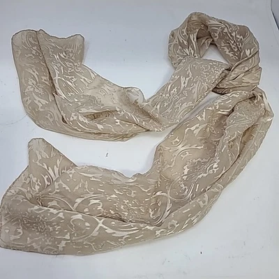 Vintage Sheer Scarf Cream Ecru Light Tan 14x62 Light Silky Long Velvety Jacquard - Image 1 of 4