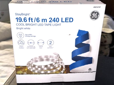 New GE StayBright 240 LED COOL BRIGHT TAPE LIGHTS BRIGHT WHITE 19.6' CHRISTMAS - Image 1 of 3