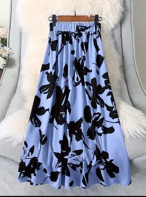 Women XS 2 Stretch Floral Blue Ivory Cream Black Maxi Skirt Elastic Waist - Image 1 of 4