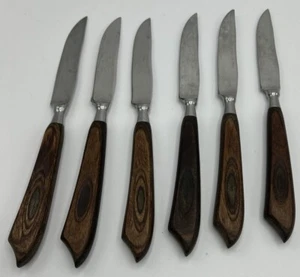 Vintage 6 9" Steak Knives Stainless Steel Wood Handle No Rivets Made in Japan - Picture 1 of 3
