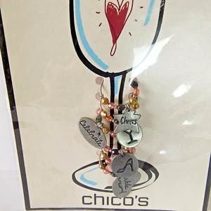 Chico's Wine Charms Drink Marker Set of 6 Beaded Silver Tone Cheers Celebrate - Picture 1 of 10