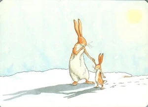 Bunny Rabbits Holding Hands in the Snow Guess How Much I Love You POSTCARD - NEW - Imagen 1 de 2