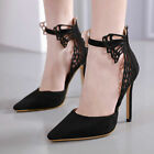 Women's Faux Suede Black Butterfly Ankle Strap Zip Back Pointed Toe Heels Shoes