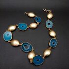 Natural Blue Agate Slice Geode Gold Plated Brushed Bead Necklace For Women