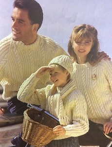 Family Aran Sweater, Hat and Scarf  Knitting Pattern - Picture 1 of 1