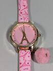 Pink Eiffel Tower Round Silver Tone Dial Faux Leather Band Watch