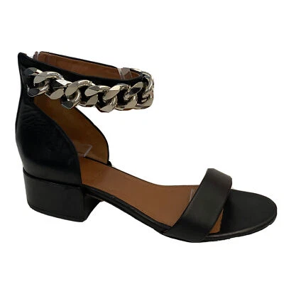 Sandalia Givenchy Cadena Cuero Correa al Tobillo Negra Punta Abierta Tacón Bajo Bloque Cremallera 7 37 Foto 1 de 4