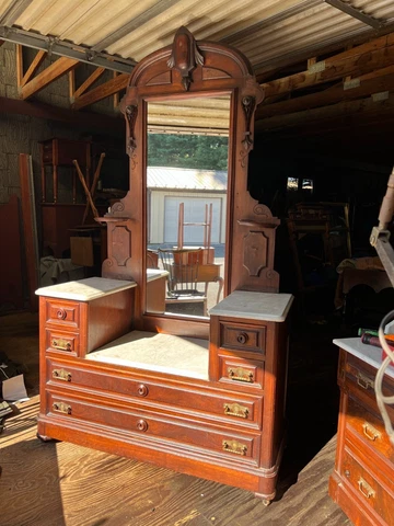 1860s victorian drop front marble top dresser with mirror walnut & burl walnut Cover