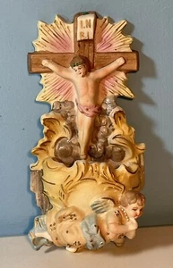 NOS VTG 50’s Bisque Porcelain 6” Wall Weihwasser Fontann Crucifixion Angel Japan - Bild 1 von 21