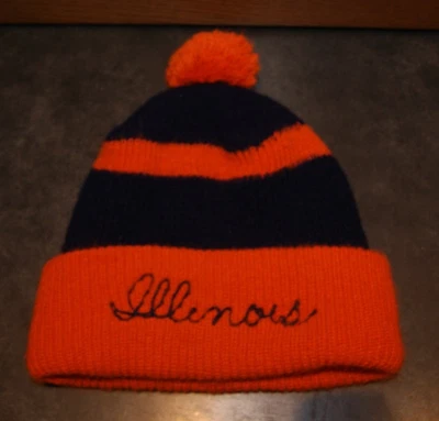 ILLINOIS FIGHTING ILLINI Vintage 70s Winter Knit Ski Hat Cap Pom Stitched Script - Image 1 of 4