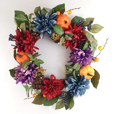 Bethlehem Lights 22" Lit Pumpkin Dahlia and Mum Wreath - Image 1 of 4