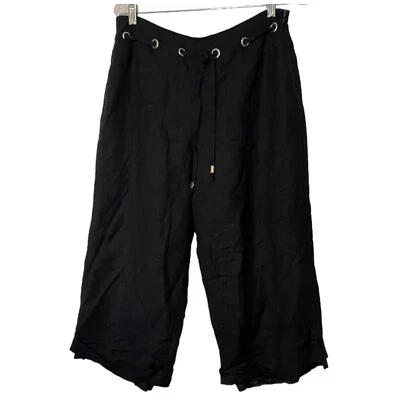 Pantology 女式黑色 Capri 亚麻混纺裤子 12 码娇小衬里抽绳 — 第 1/4 张图片
