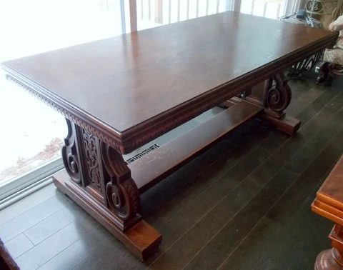Antique  19 C. TRESTLE HARVEST TABLE Banker's Desk Conference One Drawer Oak Cover