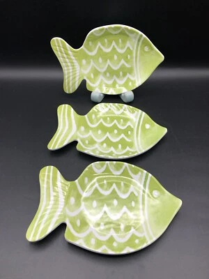 Cynthia Rowley Melamine Green Tropical Fish Shaped Plates Set of 3 Small Dessert - Image 1 of 4
