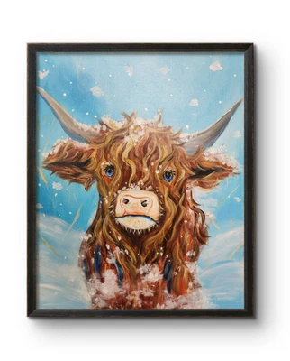 雪铃 16x20 丙烯酸绘画高地奶牛冬季农舍墙艺术 — 第 1/4 张图片