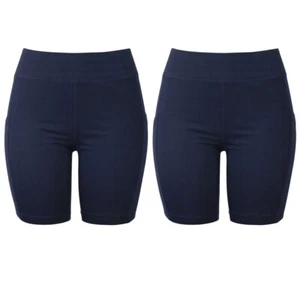 2 Women's Athletic Leggings Shorts w/ Pockets Yoga Running Exercise Gym Navy M - Picture 1 of 1