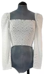 Topshop Crop Top Lace Ruched White Long Puff Sleeve Square Neck Size UK 8 - Picture 1 of 11
