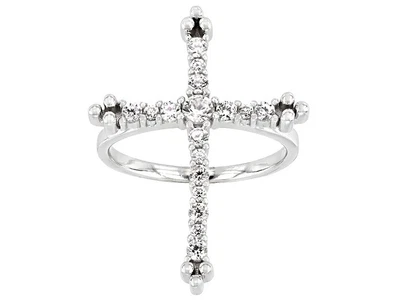 935 Silver With Simulated 0.85CT Round Cut Sapphire Cross Design Women Fine Ring - Image 1 of 4