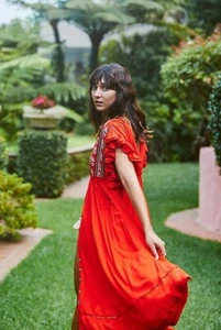 Vestido Free People Talla S Bali Will Wait For You Midi Rugiente Rojo Botones - Imagen 1 de 4
