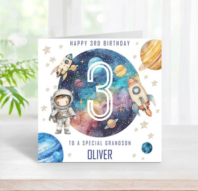 3rd Birthday Card Space Astronaut Planets, Personalised Blue Boy Age 3 (C195) - Image 1 of 2